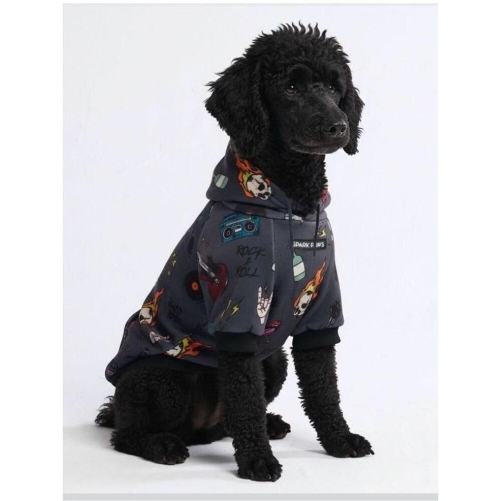 charcoal dog hoodie with bold rock-and-roll graphics